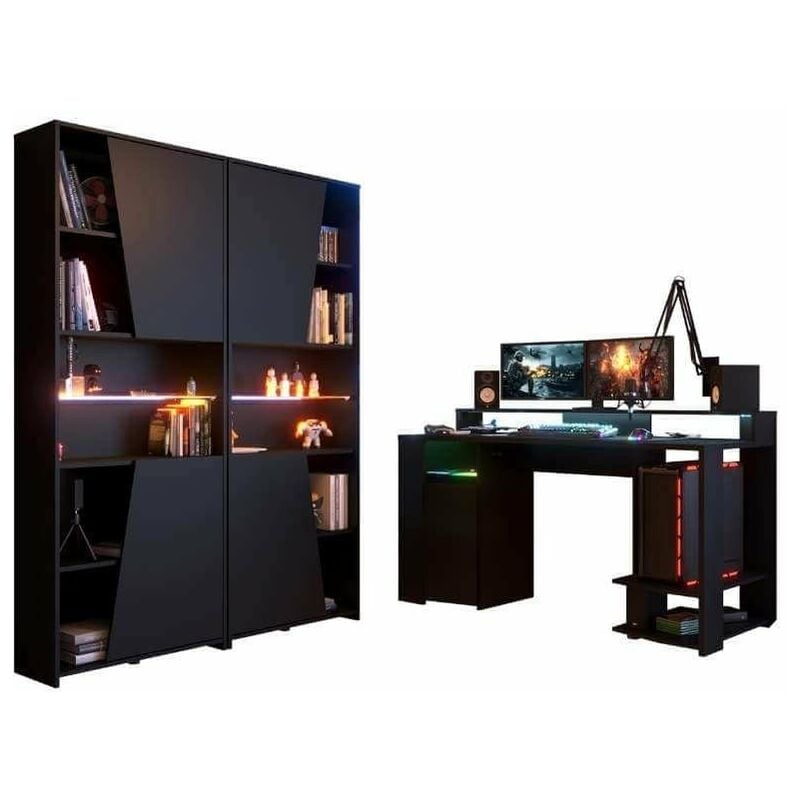 Pack gaming con LED color negro (mesa + 2 estanterías)
