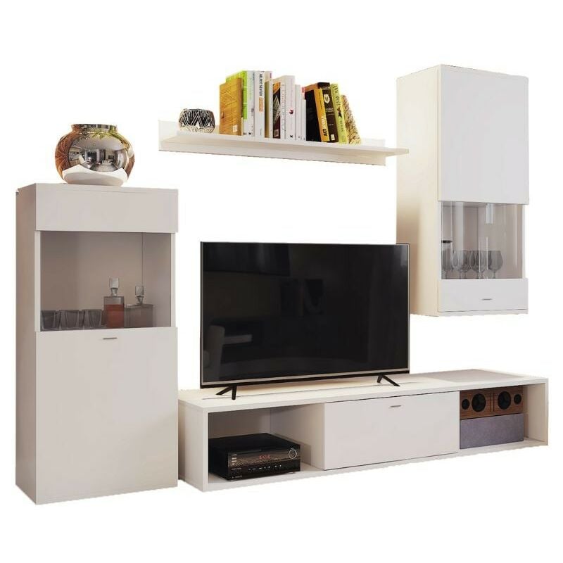 Mueble de Salón Comedor Rico en color Blanco Mate 180x38 cm (Mueble tv + 2  Armarios + balda)