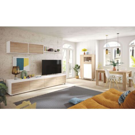 Pack De Muebles Salón Moderno en Blanco Mate y Roble Canadian