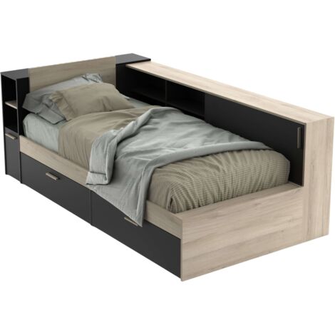 Cama Life con Almacenaje Dormitorio Juvenil Negro y Roble Kronberg 90x190-200 cm