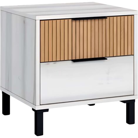 Miroytengo – Mesita de noche 2 cajones – Melamina blanca y roble rayado – Dimensiones 45x47 cm – Diseño moderno y funcional (1/5)