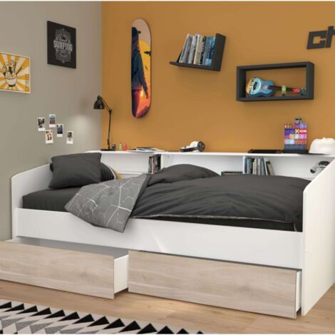 Cama Juvenil Style Color Blanco con cajones Roble Japonés habitacion Infantil Moderna 90x190-200 cm
