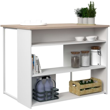 Mesa Alta Isla Cocina Buh Mueble Auxiliar Color Blanco y Roble Jackson fácil de combinar 116x90x80 cm (1/5)