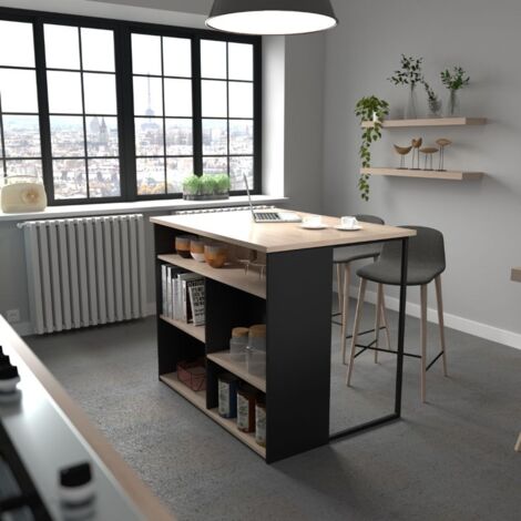Isla Cocina Buh Mueble Auxiliar Negro y Roble Jackson 109x90x80 Cm