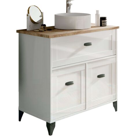 Mueble de Baño Siena Estilo Nórdico en Color Blanco Soft y Roble Cambrian con 1 Cajón y 2 Puertas (Lavabo Cerámico)