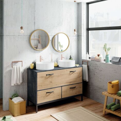 Mueble de Baño Doble Sena Estilo Industrial en Color Roble Gold y Negro con 2 Cajones, 1 Puerta y Patas 120x92x50 cm (Lavabo Cerámico)