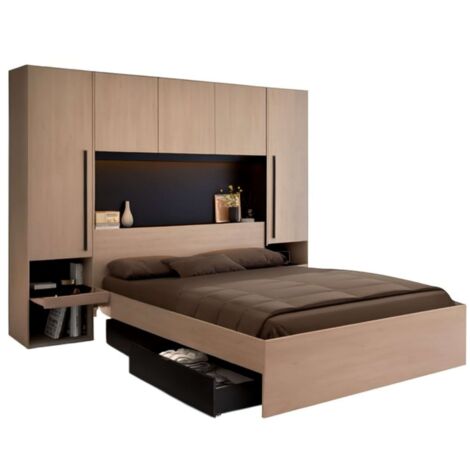 Pack Dormitorio Completo John Cama con cajones y Cabecero Puente Roble Brooklyn y Negro Stipple (Cama de 160x200 cm)