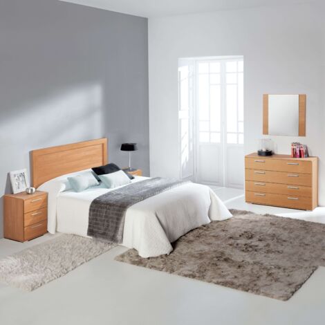 Pack Muebles de Dormitorio Clásica Color Cerezo Cabecero, Mesitas, Cómoda y Espejo
