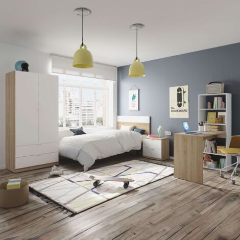 Pack de Muebles de Dormitorio Juvenil Luca  en Color Blanco y Roble Canadian formado por Armario, Cabecero, Mesita y Escritorio