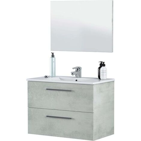 Mueble baño Plutón Estilo Industrial en Color Cemento con 2 Cajones y Espejo 80x45x57 cm (Lavamanos Cerámico)