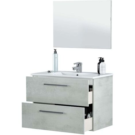 Mueble baño Plutón Estilo Industrial en Color Cemento con 2 Cajones y Espejo 80x45x57 cm (Lavamanos Cerámico)