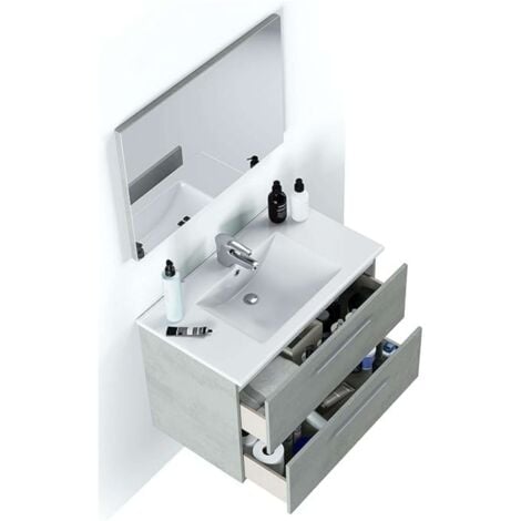 Mueble baño Plutón Estilo Industrial en Color Cemento con 2 Cajones y Espejo 80x45x57 cm (Lavamanos Cerámico)