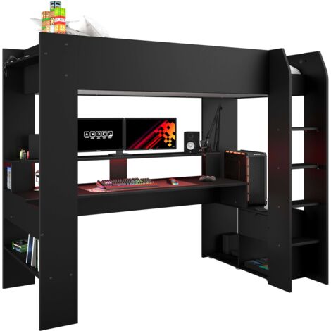 Cama Alta Game Juvenil Dormitorio Con Escritorio Estilo Contemporáneo Color Negro Stipple 220x180x116 cm