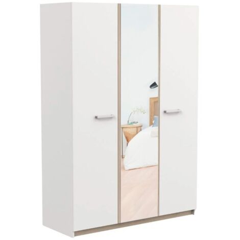 Armario Dormitorio Watson con Espejo 3 Puertas Color Blanco Mate y Roble Kronberg 134x192 cm (1/5)
