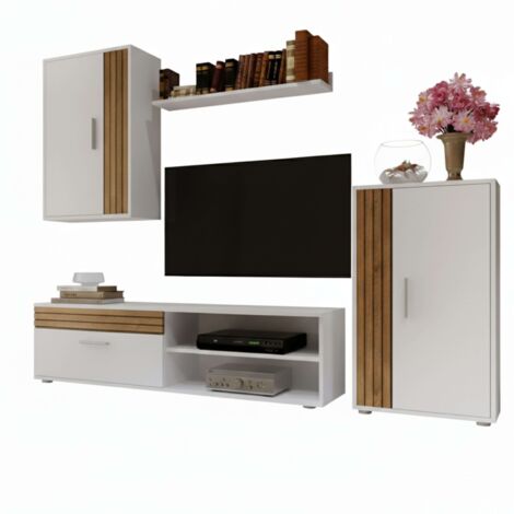 Modulos de Salón Comedor Kolm  para TV Estilo Nórdico en Color Roble Tablilla y Blanco Mate con 3 Puertas y 2 Estantes