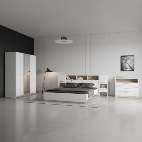 Watson Conjunto Dormitorio Cama 135-140x190, Armario con Espejo, Cabecero y Cómoda, Dormitorio Nórdico Completo (1/5)