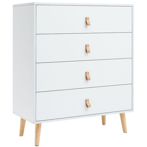 Anzio Cómoda con 4 Cajones y Patas de Madera de Pino, Blanco Mate, Medidas 80 cm, Mueble en Melamina, Diseño Moderno