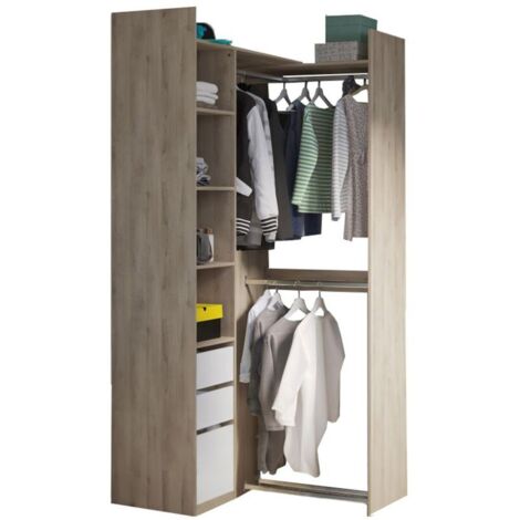 Vestidor Esquinero Dormitorio Abierto 2 Posiciones Swing con 3 cajones en Color Roble Kronberg y Blanco Mate 200x218 cm