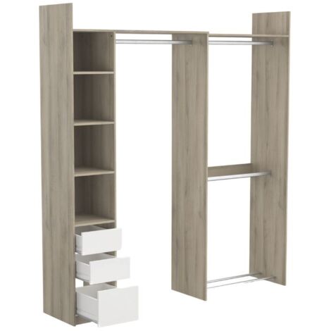 Vestidor Esquinero Dormitorio Abierto 2 Posiciones Swing con 3 cajones en Color Roble Kronberg y Blanco Mate 200x218 cm
