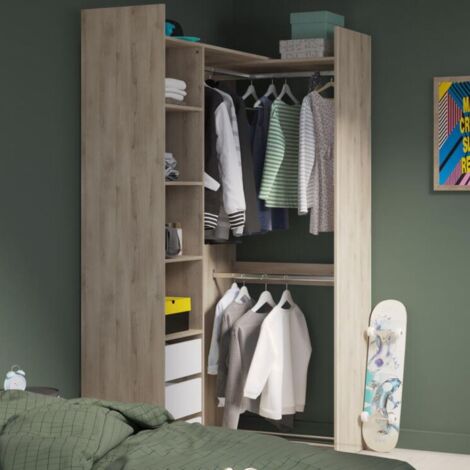 Vestidor Esquinero Dormitorio Abierto 2 Posiciones Swing con 3 cajones en Color Roble Kronberg y Blanco Mate 200x218 cm