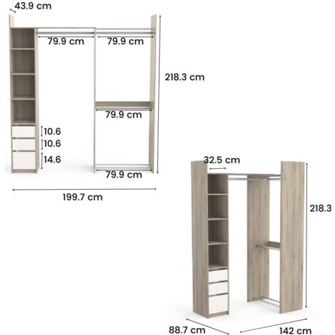 Vestidor Esquinero Dormitorio Abierto 2 Posiciones Swing con 3 cajones en Color Roble Kronberg y Blanco Mate 200x218 cm