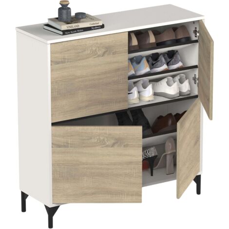 Mueble Recibidor Zapatero Tokio 4 Puertas 5 Baldas Mueble Pasillo Color Blanco Mate y Roble Cambrian 101 cm