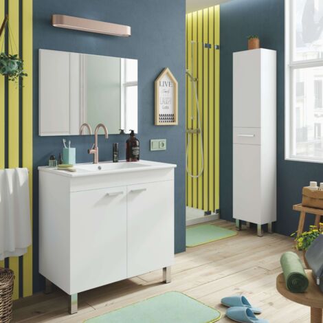 Mueble de Baño Atenea Con Patas Armario 2 Puertas Abatibles Color Blanco Brillo 80 cm (Con Lavabo PmmA) (1/5)