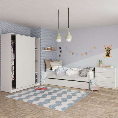 Pack Muebles Dormitorio Juvenil Tibet Estilo Contemporáneo en Color Blanco Mate (Cama 105x190 cm + Armario + Cómoda)