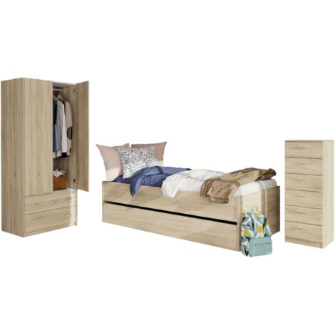 Pack Muebles Dormitorio Juvenil Tibet Estilo Natural en Color Roble Cambrian (Cama 90x190 cm + Armario + Cómoda)