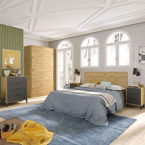 Pack Dormitorio Cabecero 135/150 cm con 2 Mesitas + Cómoda+Armario Color Roble Nodi y Gris Antracita