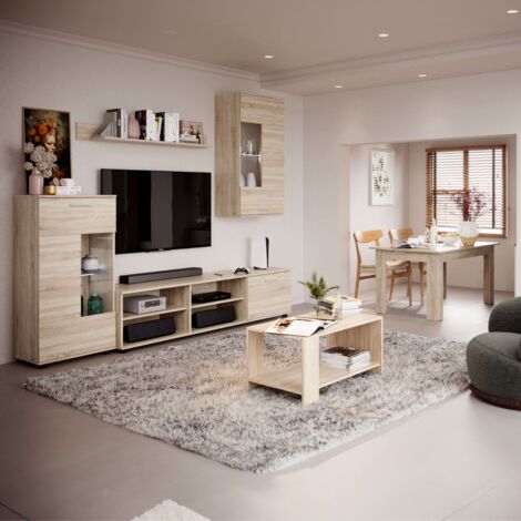 Pack Muebles de Salón Cheri con Mueble TV, 2 Módulos, Estantería, Mesa de Centro y Mesa de Comedor Roble Sonoma