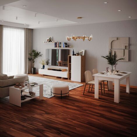 Pack Muebles de Salón Opole Mueble TV, Aparador, Mesa de Centro y Mesa de Comedor Blanco Mate y Roble Claro