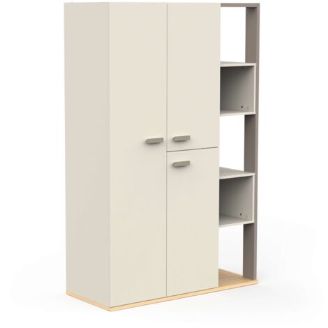 Armario Juvenil Camillia 3 Puertas 7 Estantes 2 Barras colgadoras Roble Vicenza, Gris y Arcilla 120 cm