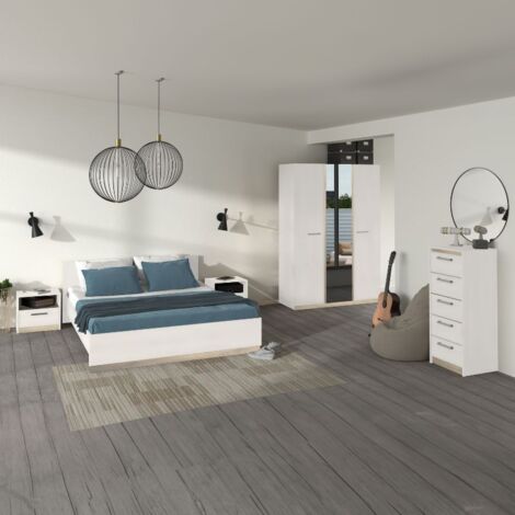 Pack Muebles Dormitorio Watson Completo Estilo Nórdico y Moderno Color Blanco y Roble Kronberg (1/5)