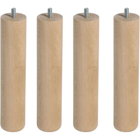 Juego de 4 Patas Cilindricas 25 cm para Somier o Base Tapizada con Rosca y Sistema Antiruido de Madera en Color Haya 25 cm