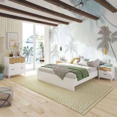 Pack Dormitorio Muebles Daylight Mesitas de Noche, Cómoda y Cama Queen Size Blanco Artik y Natur