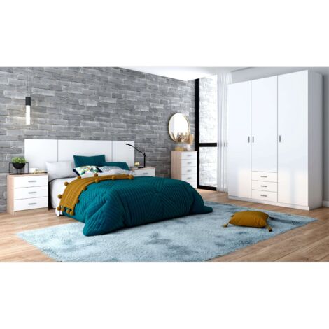Conjunto Habitación Dormitorio Principal Completo Color Blanco Mate y Roble Sahara