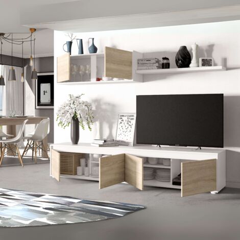 Pack de Muebles de Salón Comedor Estilo Nórdico en Color Blanco y Roble Canadian con Aparador, Mesa Extensible, Modulo de TV y Sillas (1/5)