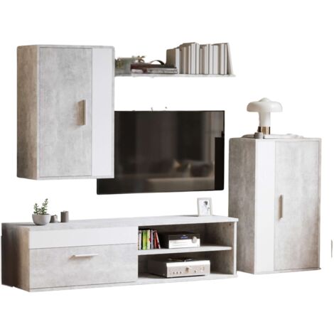Modulos de Salón Comedor Kolm para TV Estilo Industrial en Color Cemento y Blanco con 3 Puertas y 2 Estantes