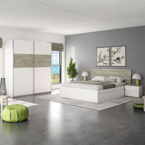 Pack Muebles Dormitorio Completo con en Color Roble Alaska y Blanco Artik Estilo nórdico (Cama + Cabecero + Mesitas + Armario)
