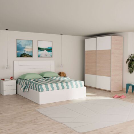 Pack de Dormitorio Estilo Nórdico en Colores Blanco y Roble Aurora con Armario, Cabecero y 2 Mesitas de Noche.