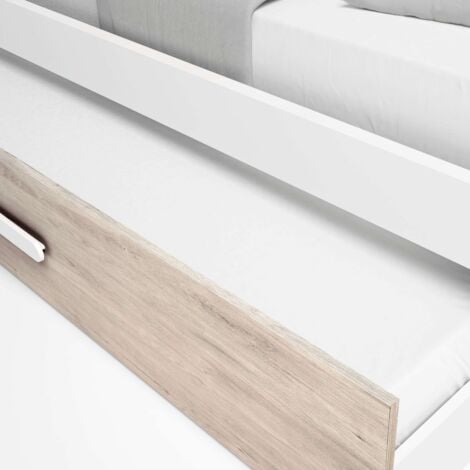 Cama Nido para Habitación Dormitorio Juvenil Estilo Nórdico en Color Roble Sahara y Blanco Mate 90x190 cm