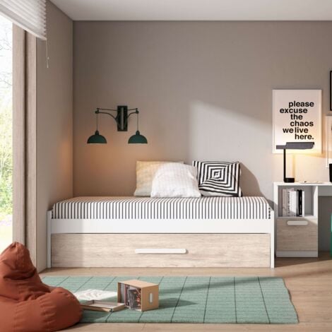 Cama Nido para Habitación Dormitorio Juvenil Estilo Nórdico en Color Roble Sahara y Blanco Mate 90x190 cm