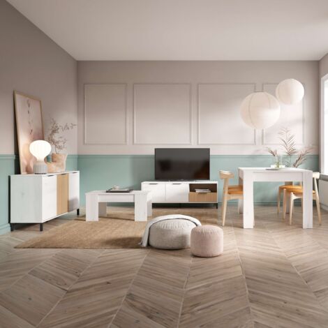 Pack de Muebles de Salón Tokio Estilo Nórdico en Color Blanco Albo y Roble Rayado (Aparador, Mesa de Comedor, Mesa de Centro y Mueble de TV) (1/5)