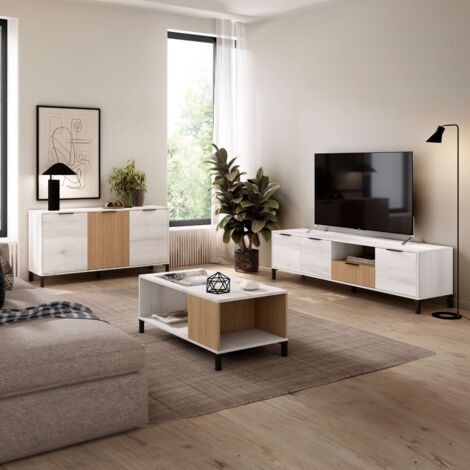 Conjunto de Muebles de Salón Comedor Tokio Estilo Nórdico en Color bLanco Albo y Roble Rayado (Aparador + Mesa de Centro + Mueble de TV)