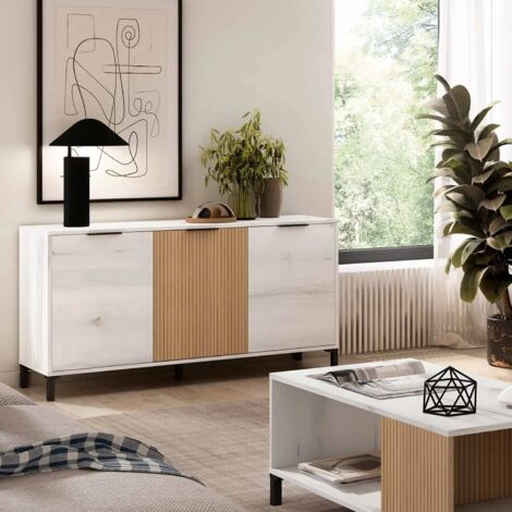 Mueble Aparador de Salón Comedor Tokio Estilo Nórdico en Color Blanco Albo y Roble Rayado con 3 Puertas 136 cm