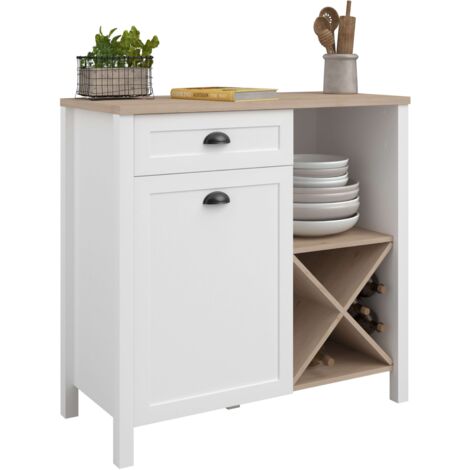 Mueble de Cocina Buffet Bajo Coper con Botellero Estilo Nórdico Color Blanco y Roble Jackson 95x92 cm