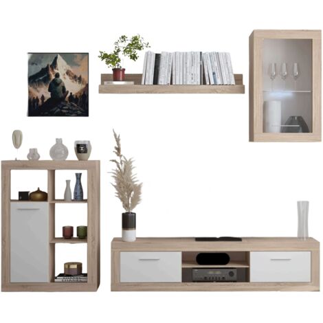 Mueble de Salón Fera Estilo Moderno en Roble Sonoma y Blanco con 2 Puertas 1 Estante y Medidas 270 cm