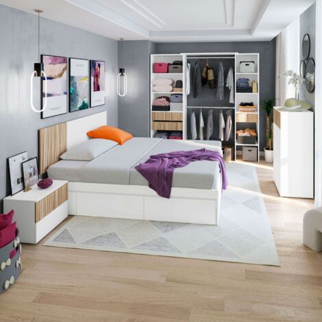 Pack de Muebles de Dormitorio Etnha Estilo Nórdico en Color Blanco Artik y Natur con Cabecero 2 Mesitas, Cama y Vestidor