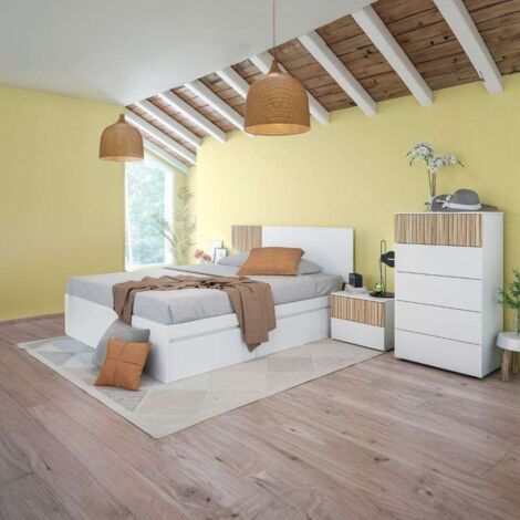 Pack de Muebles de Dormitorio Etnha Estilo Moderno en Blanco Artik y Natur con Cabecero, 2 Mesitas de Noche, Cama con Cajones y Cómoda
